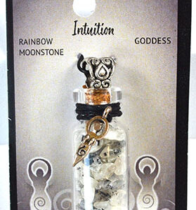 Rainbow Moonstone Chips in Bottle with Goddess necklace